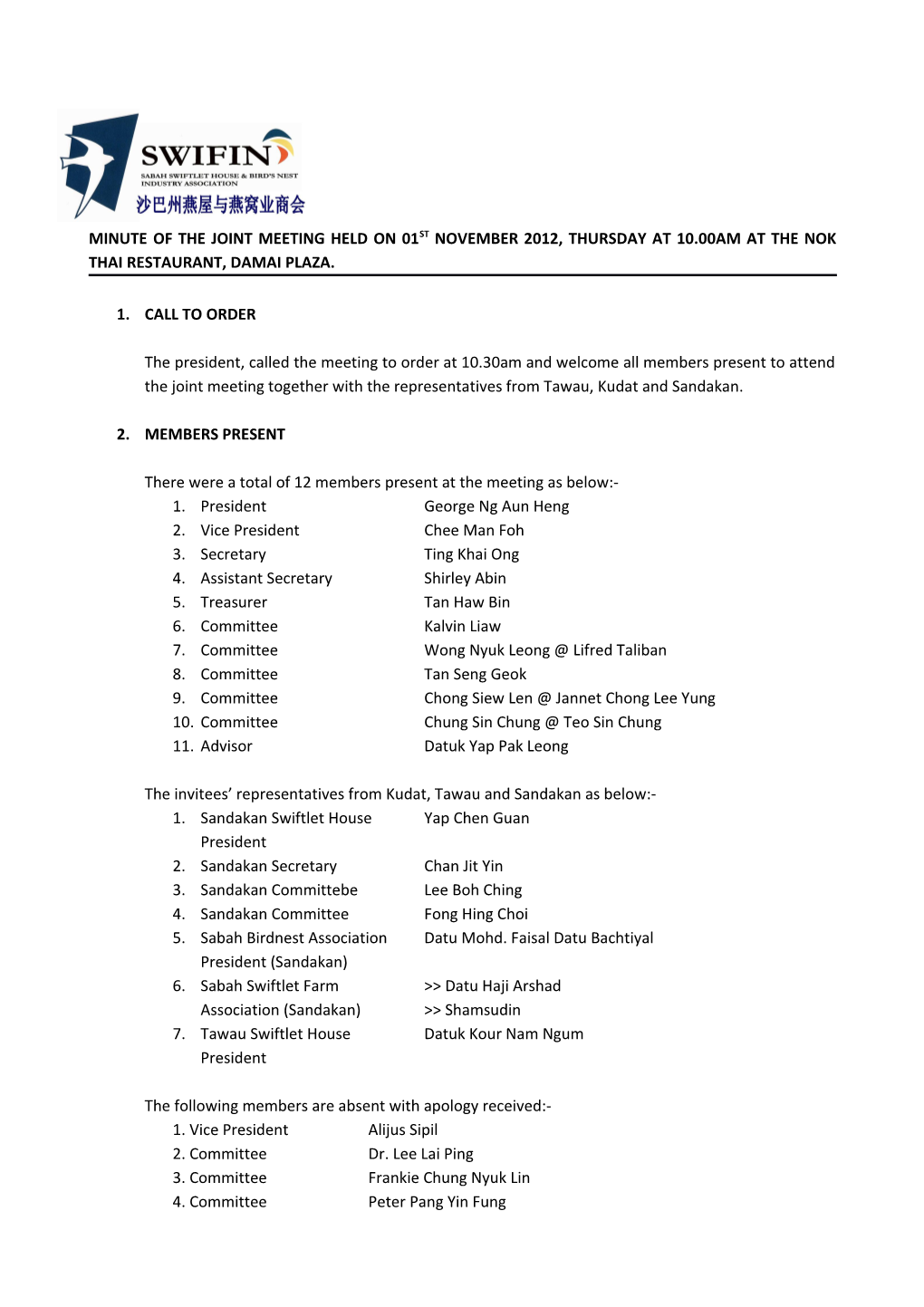 Minute of the Joint Meeting Held on 01St November 2012, Thursday at 10.00Am at the Nok