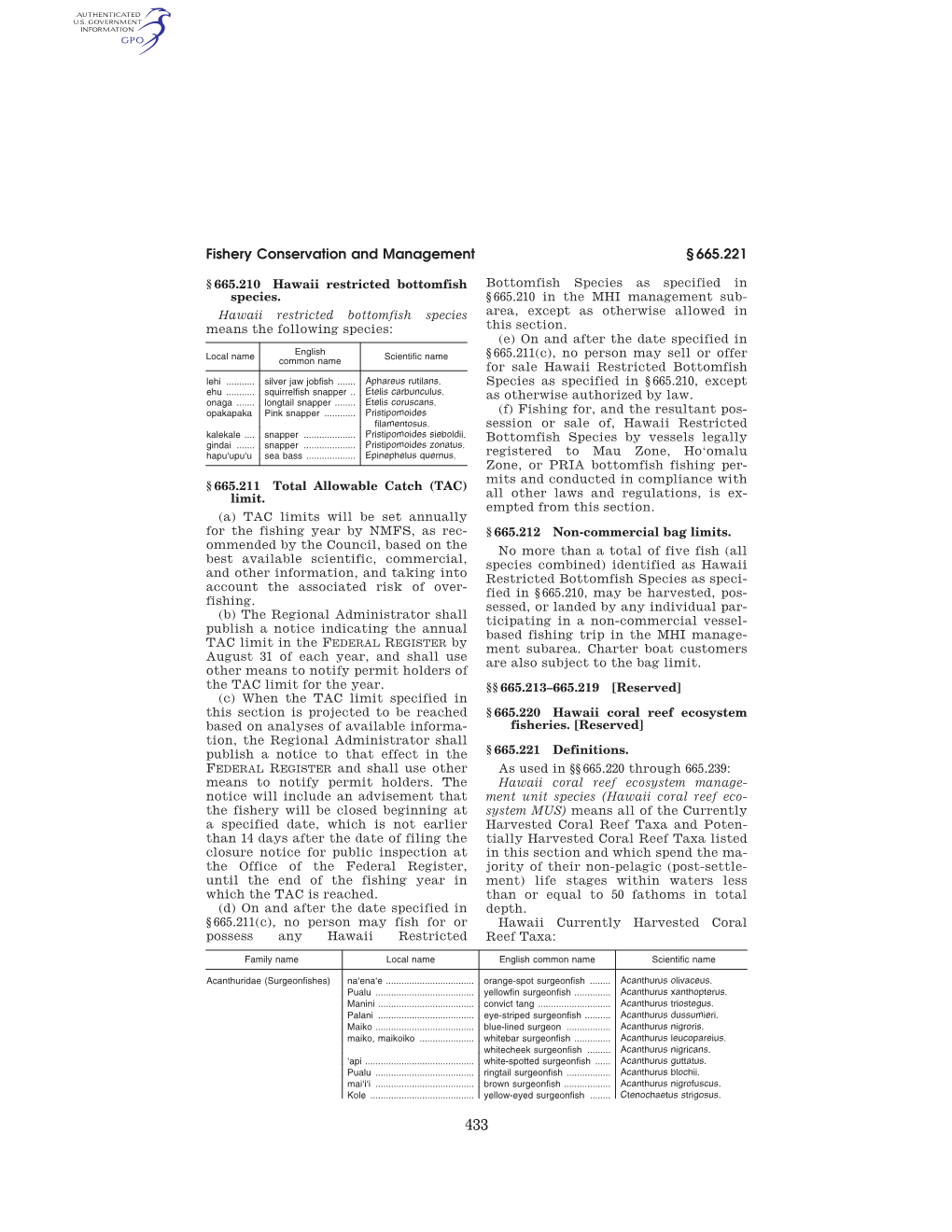 Fishery Conservation and Management § 665.221