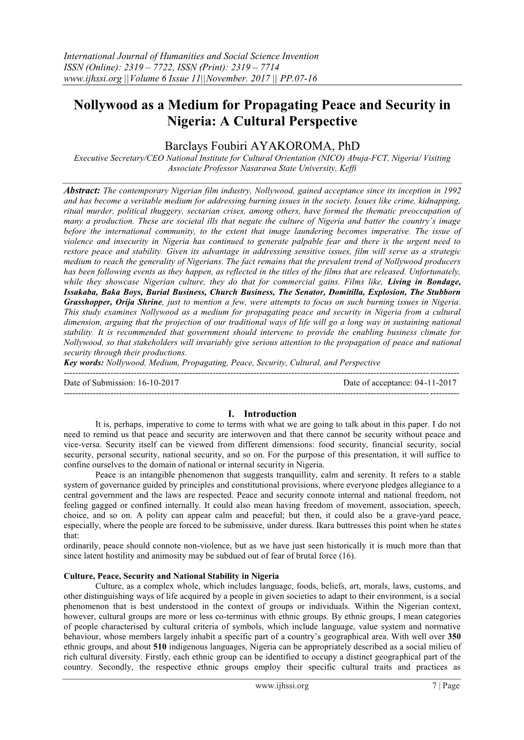 Nollywood As a Medium for Propagating Peace and Security in Nigeria: a Cultural Perspective