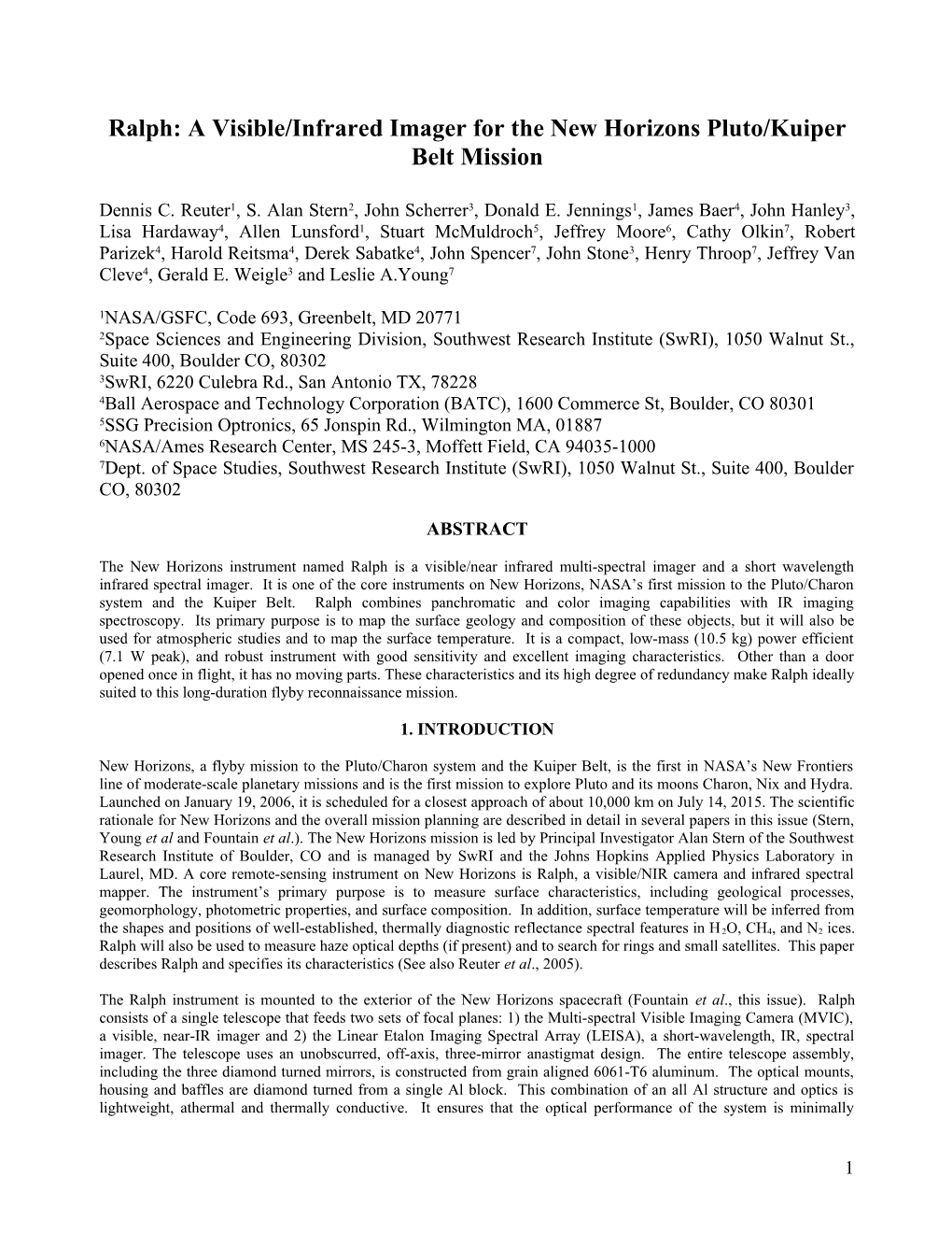 Ralph: a Visible/Infrared Imager for the New Horizons Pluto/Kuiper Belt Mission