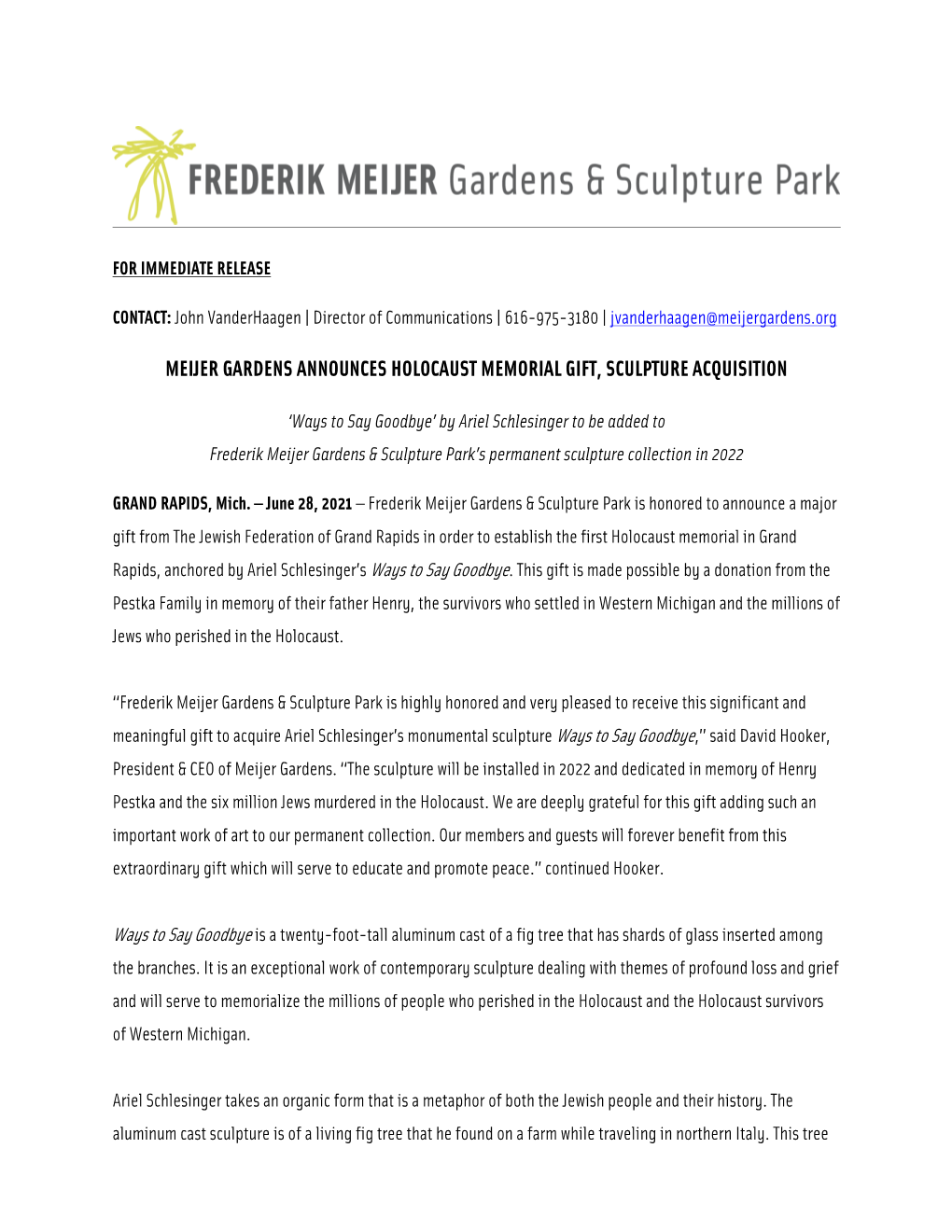 Meijer Gardens Announces Holocaust Memorial Gift, Sculpture Acquisition