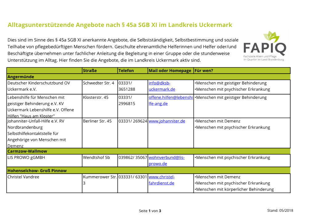 Alltagsunterstützende Angebote Nach § 45A SGB XI Im Landkreis Uckermark