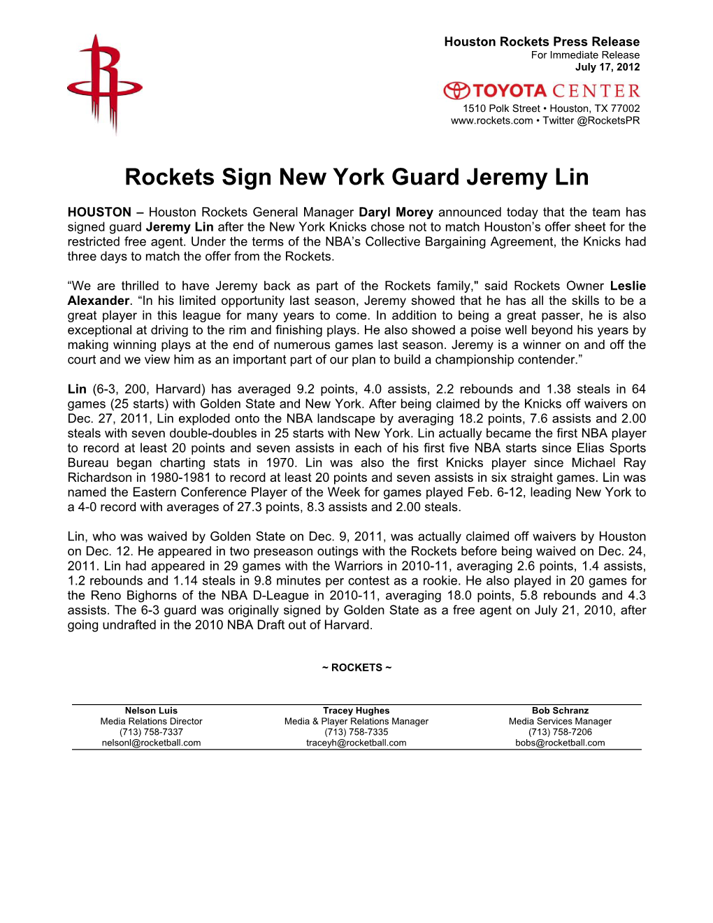 Rockets Sign New York Guard Jeremy Lin