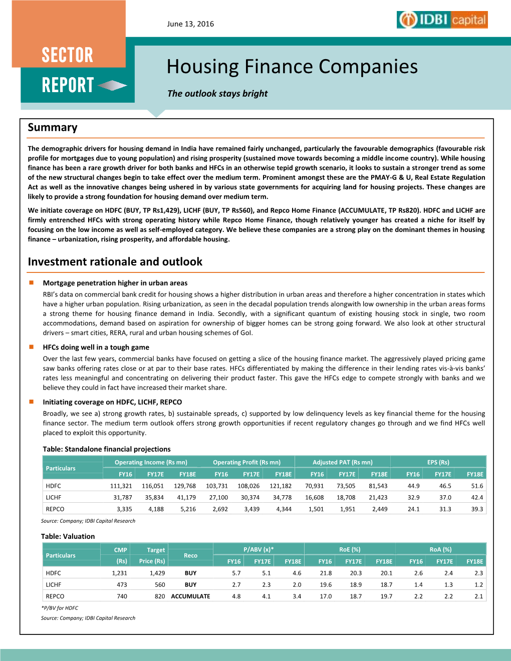 Housing Finance Companies REPORTREPORT the Outlook Stays Bright