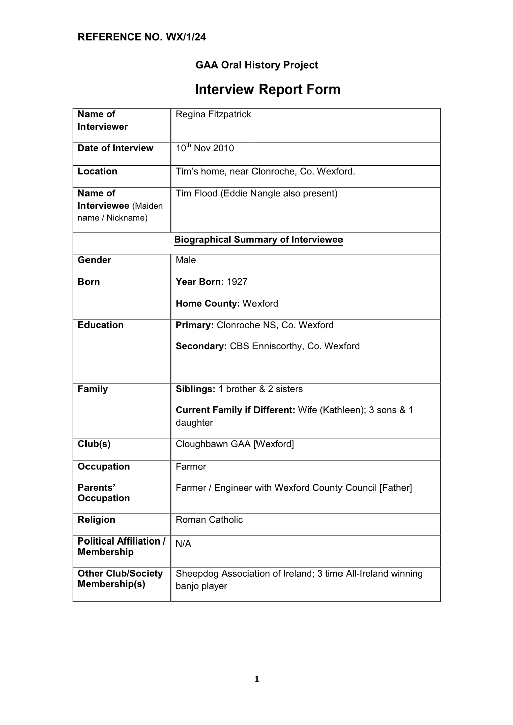 GAA Oral History Project Interview Report Form