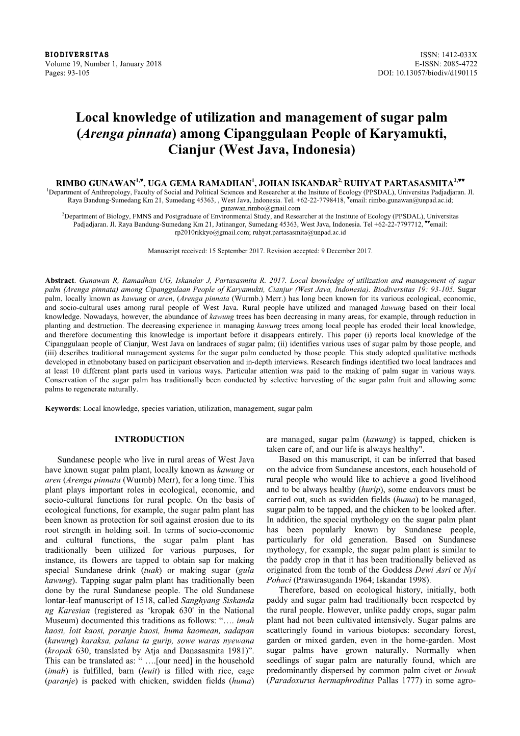 Local Knowledge of Utilization and Management of Sugar Palm (Arenga Pinnata) Among Cipanggulaan People of Karyamukti, Cianjur (West Java, Indonesia)