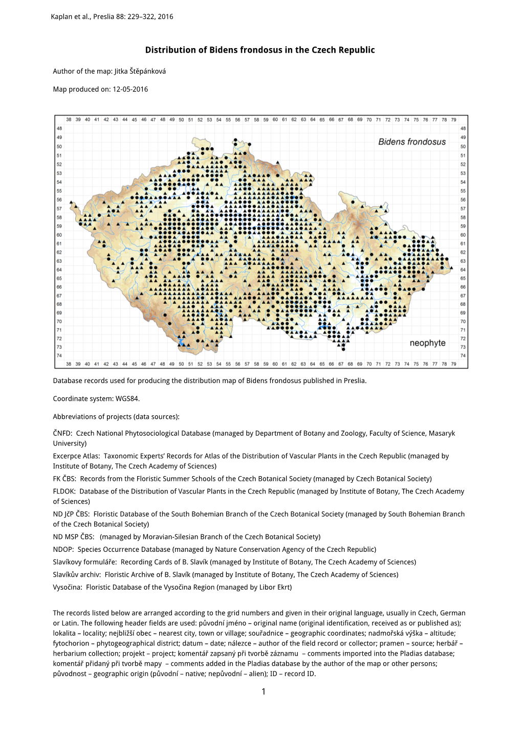 1 Distribution of Bidens Frondosus in the Czech Republic