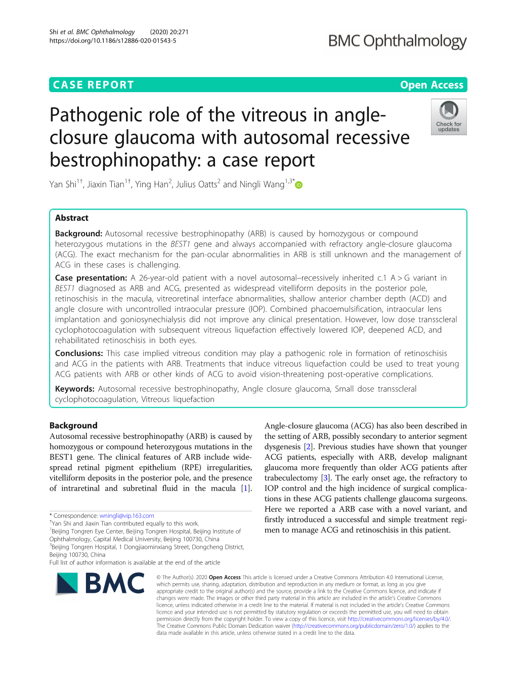 Pathogenic Role of the Vitreous in Angle-Closure Glaucoma with Autosomal Recessive Bestrophinopathy