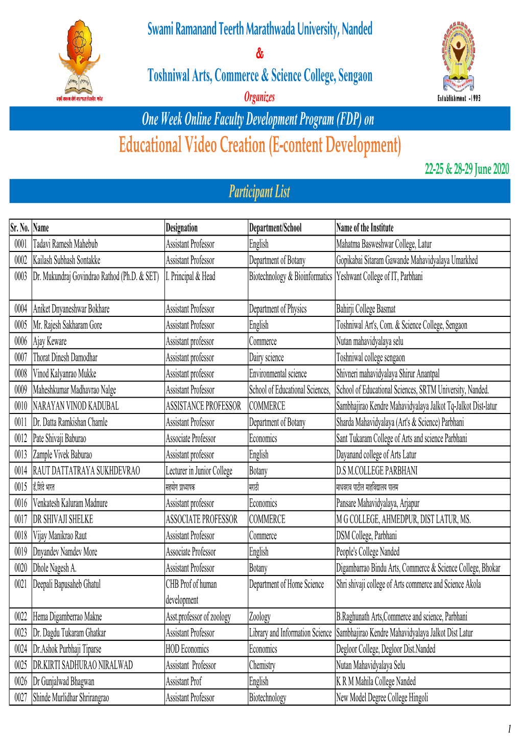 Educational Video Creation (E-Content Development) 22-25 & 28-29 June 2020 Participant List