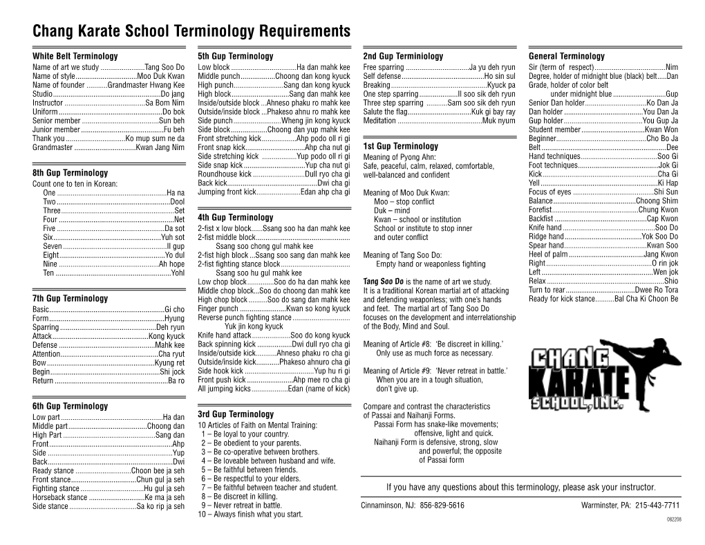 Chang Karate School Terminology Requirements