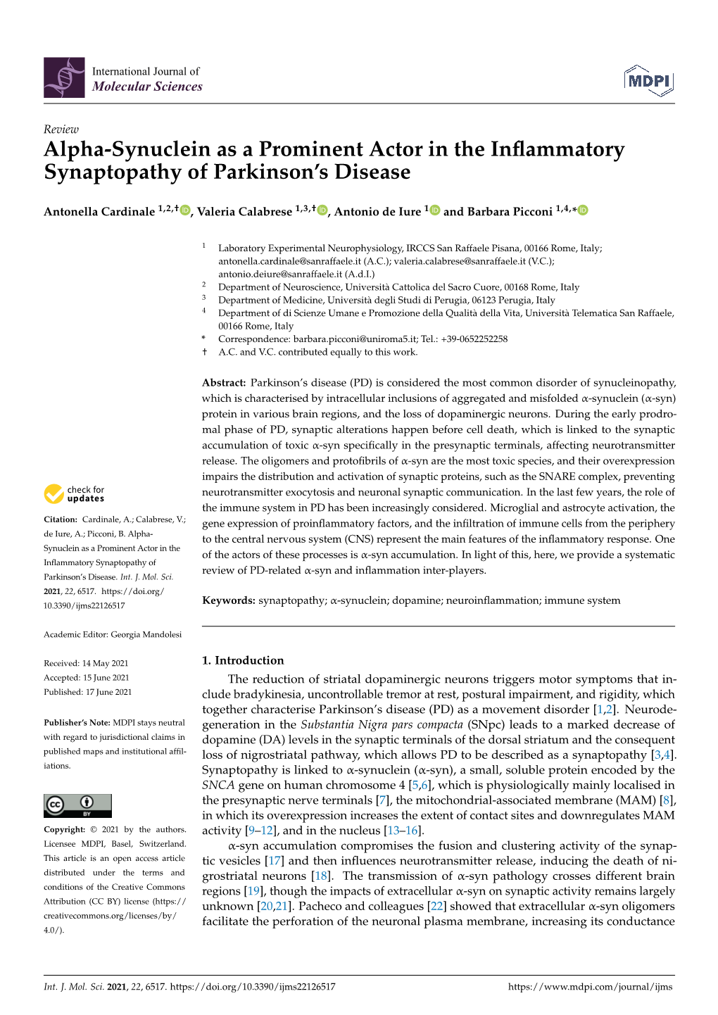 Alpha-Synuclein As a Prominent Actor in the Inflammatory Synaptopathy of Parkinson's Disease