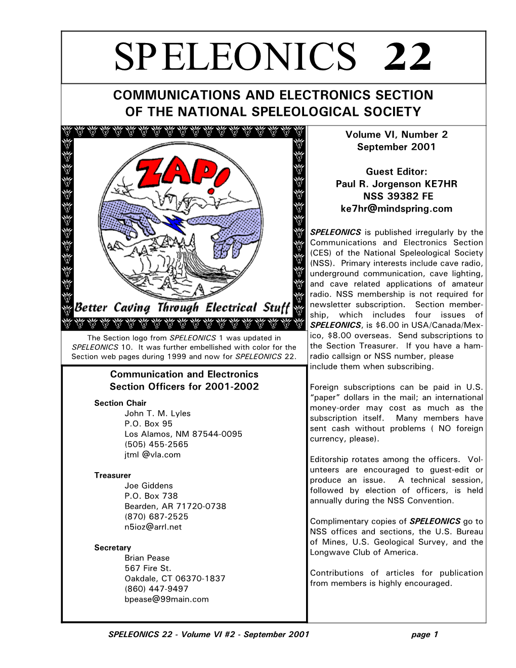 Speleonics 22 Communications and Electronics Section of the National Speleological Society