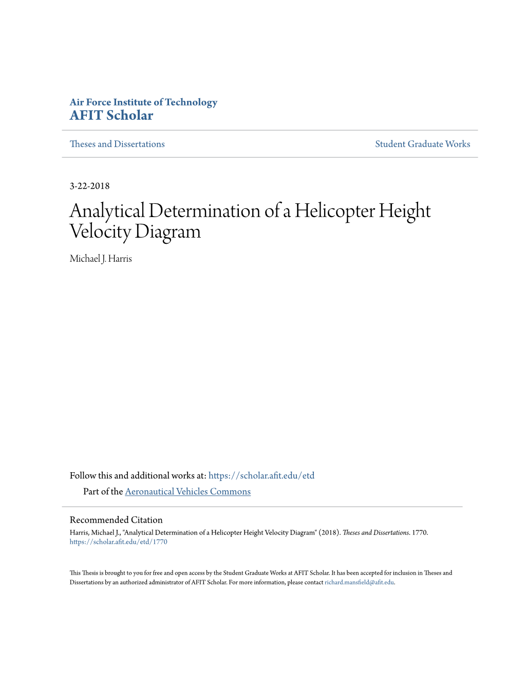 Analytical Determination of a Helicopter Height Velocity Diagram Michael J