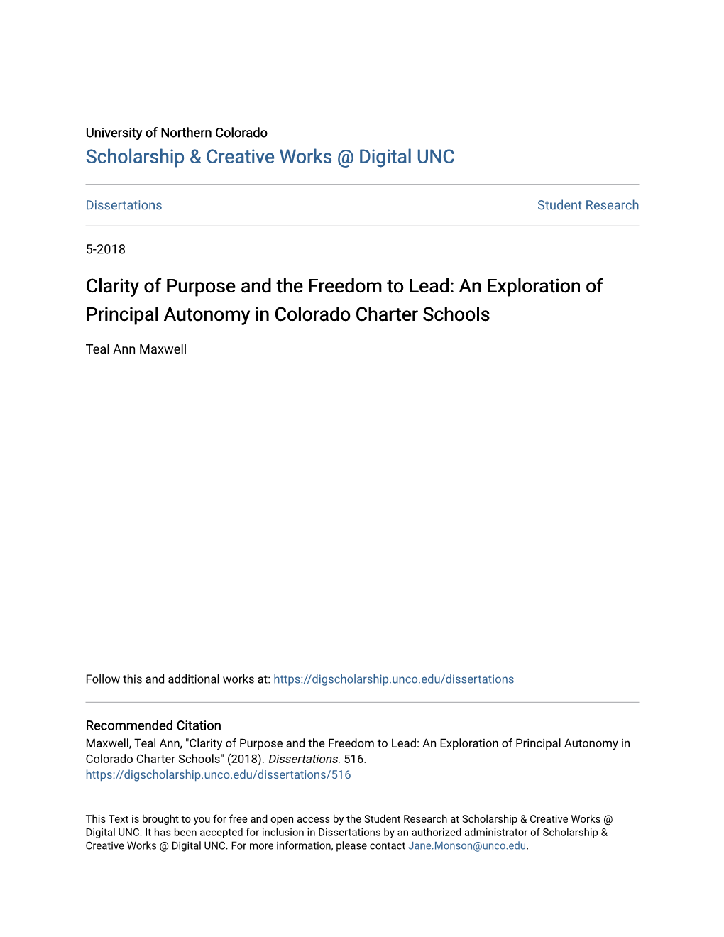 Clarity of Purpose and the Freedom to Lead: an Exploration of Principal Autonomy in Colorado Charter Schools