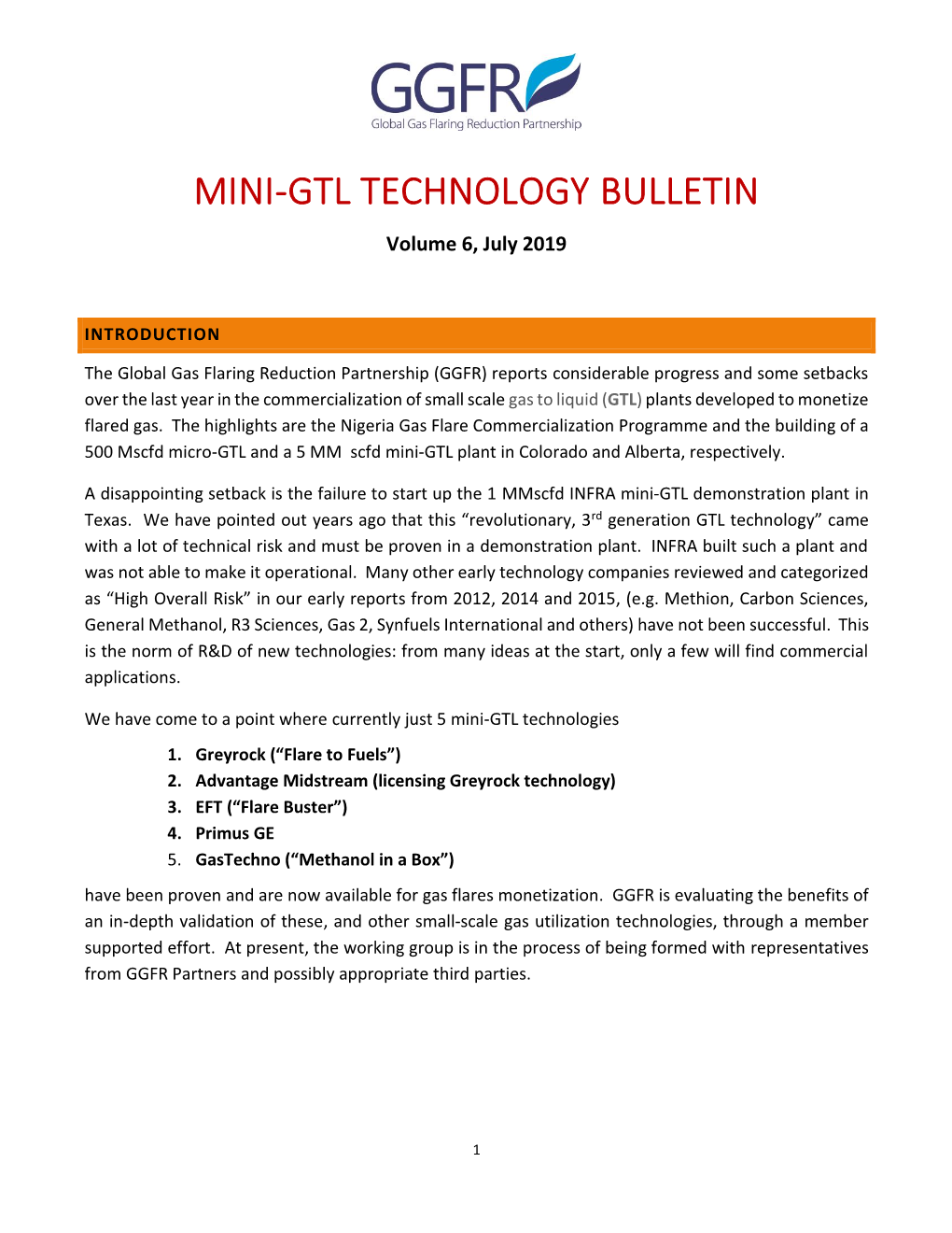 MINI-GTL TECHNOLOGY BULLETIN Volume 6, July 2019
