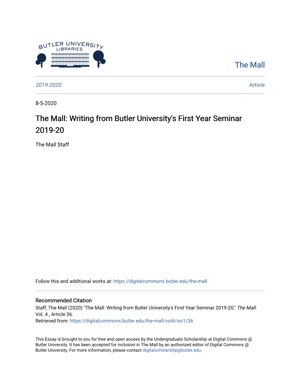 The Mall: Writing from Butler University's First Year Seminar 2019-20