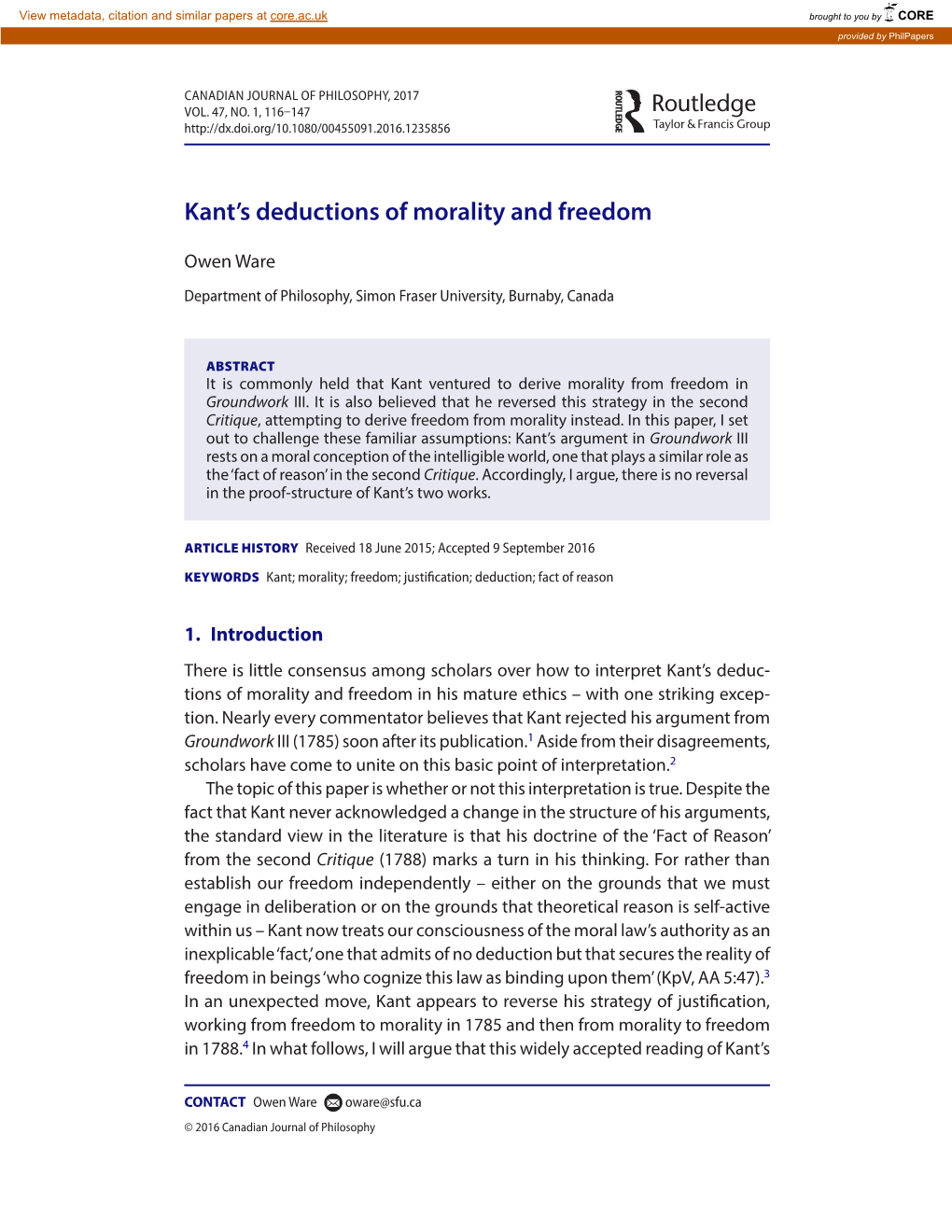 Kant's Deductions of Morality and Freedom