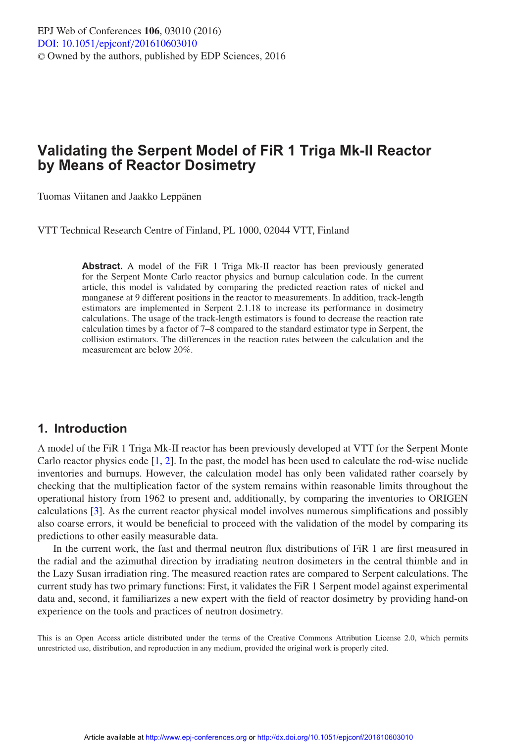 Validating the Serpent Model of Fir 1 Triga Mk-II Reactor by Means of Reactor Dosimetry