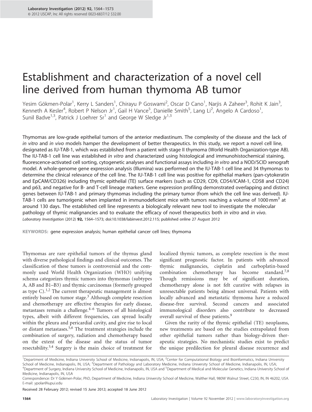 Establishment and Characterization of a Novel Cell Line Derived from Human Thymoma AB Tumor