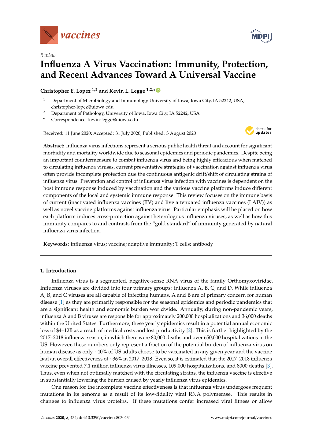 Influenza a Virus Vaccination: Immunity, Protection, and Recent