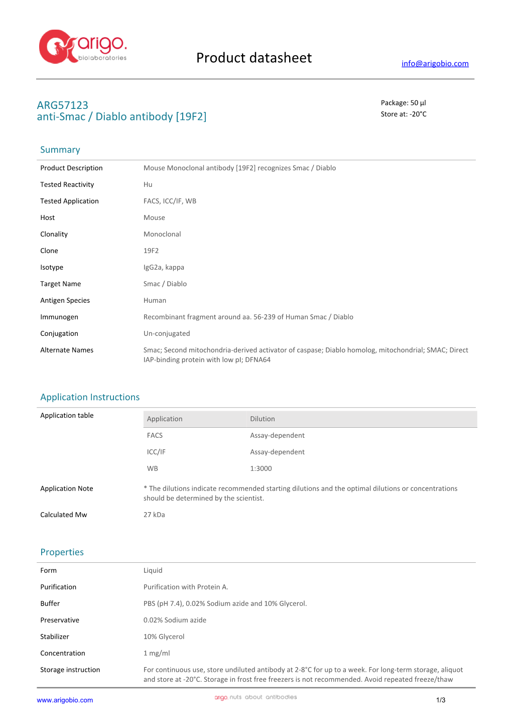 Anti-Smac / Diablo Antibody [19F2] (ARG57123)