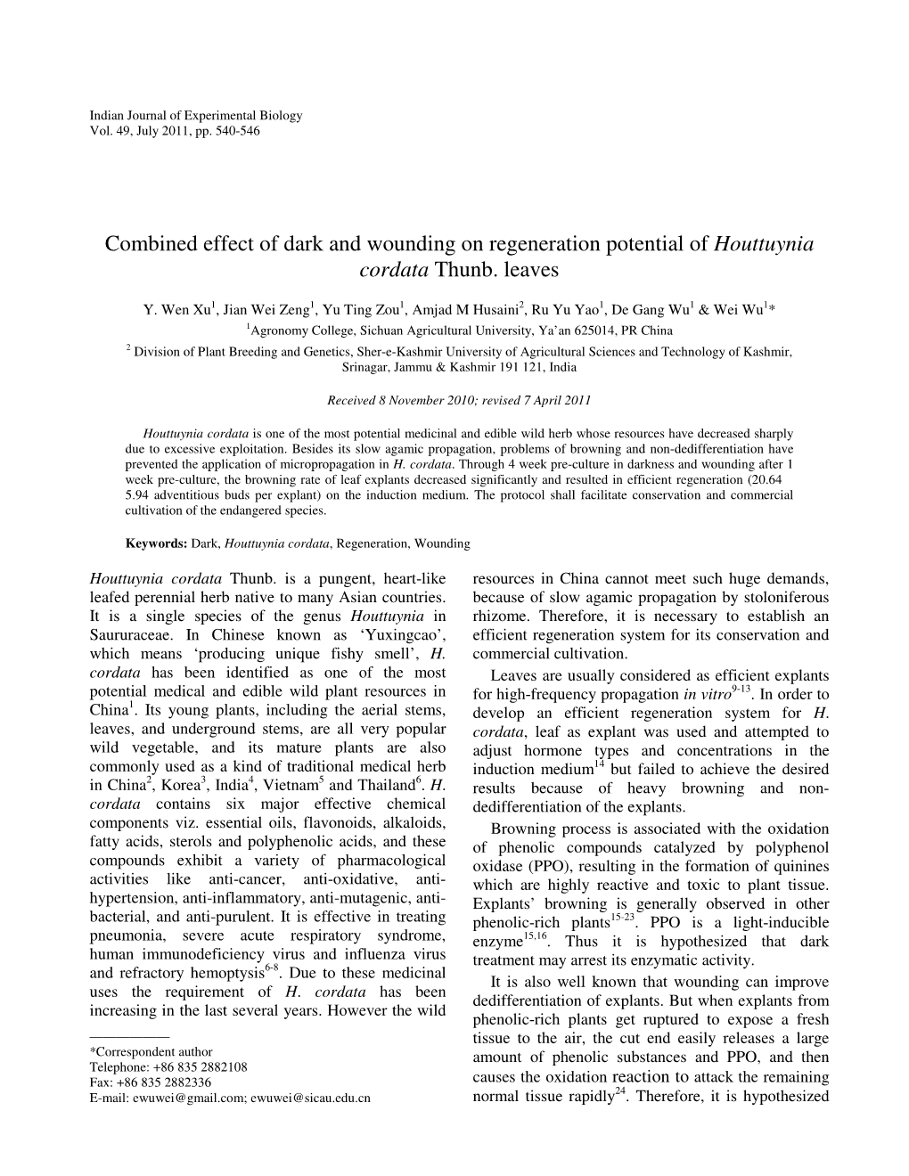 Combined Effect of Dark and Wounding on Regeneration Potential of Houttuynia Cordata Thunb