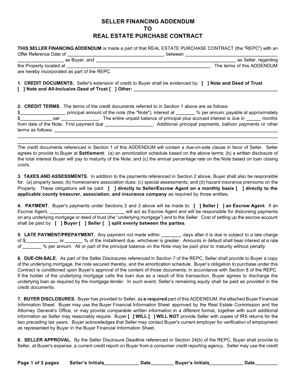 Seller Financing Addendum to Real Estate Purchase Contract