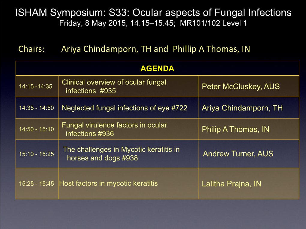 ISHAM Symposium: S33: Ocular Aspects of Fungal Infections Friday, 8 May 2015, 14.15–15.45; MR101/102 Level 1