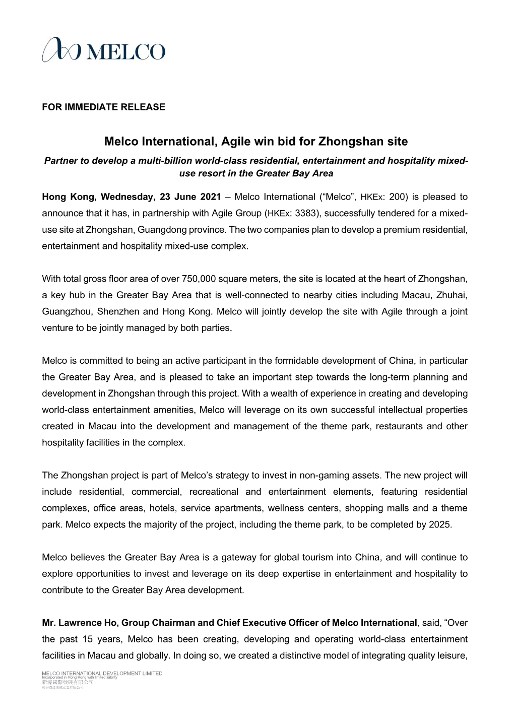 Melco International, Agile Win Bid for Zhongshan Site