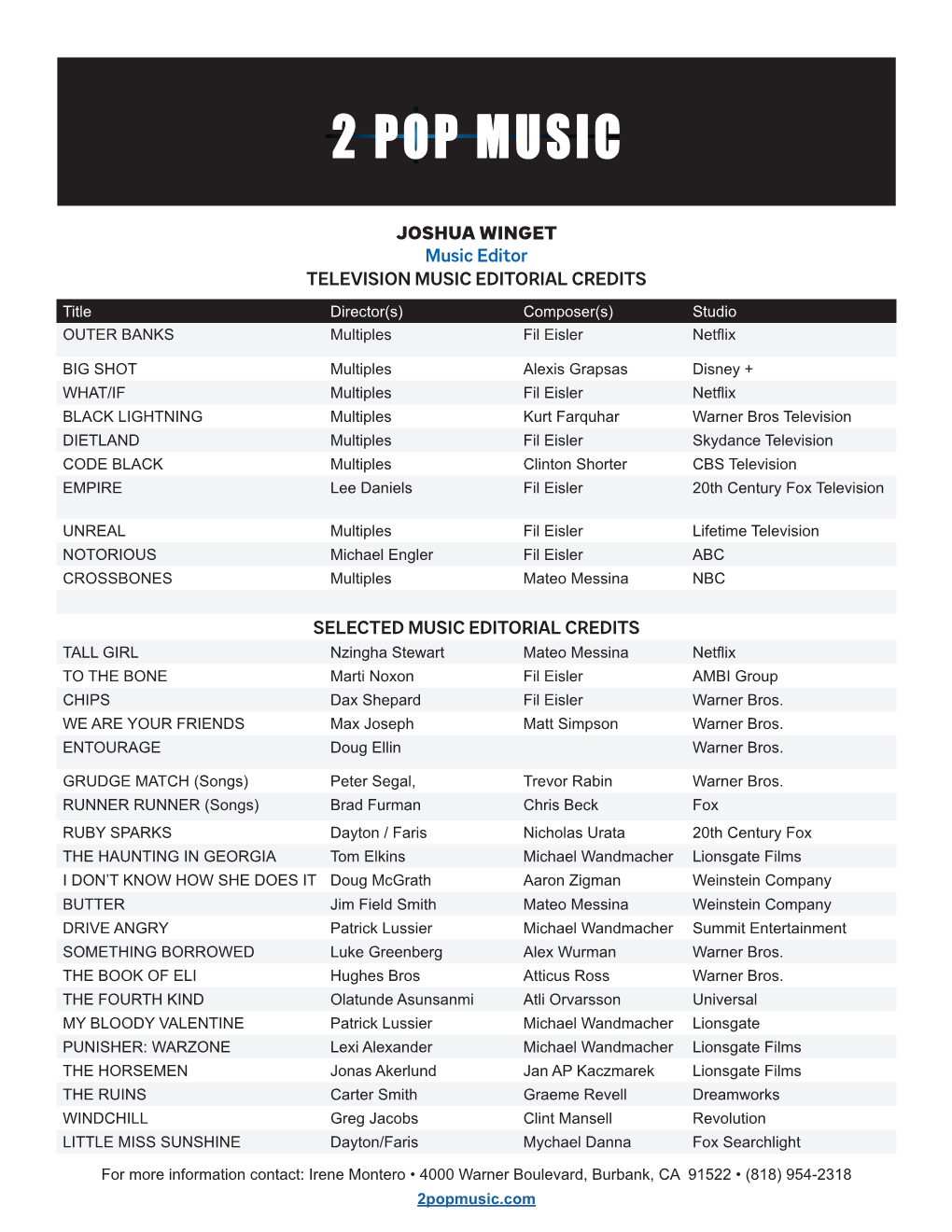 JOSHUA WINGET Music Editor TELEVISION MUSIC EDITORIAL CREDITS Title Director(S) Composer(S) Studio OUTER BANKS Multiples Fil Eisler Netflix