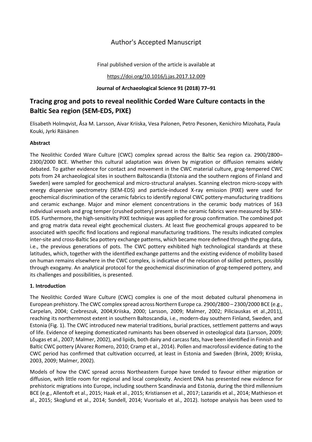 Holmqvist Et Al 2018 Tracing Grog and Pots to Reveal Neolithic CWC