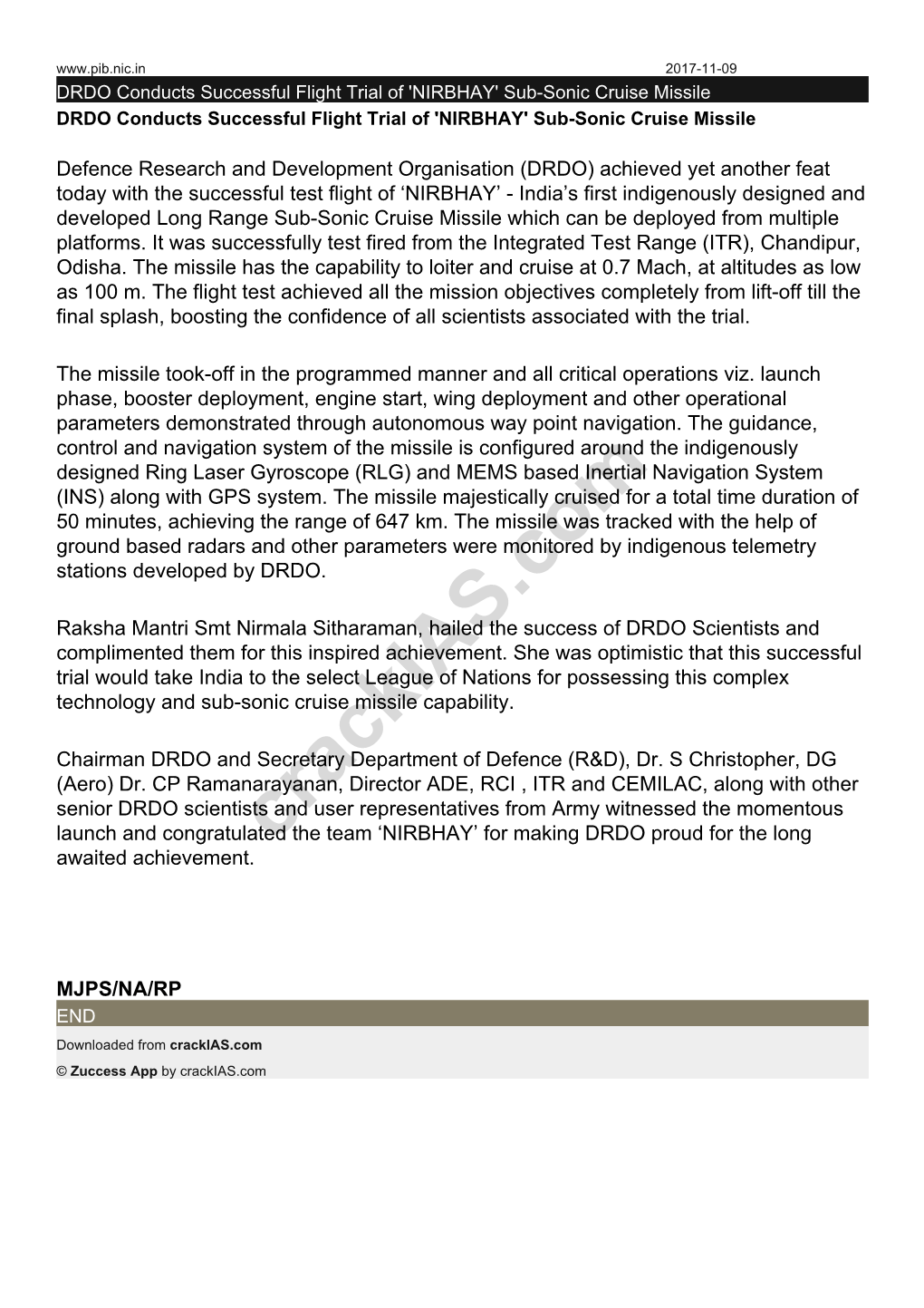 DRDO Conducts Successful Flight Trial of 'NIRBHAY' Sub-Sonic Cruise Missile DRDO Conducts Successful Flight Trial of 'NIRBHAY' Sub-Sonic Cruise Missile