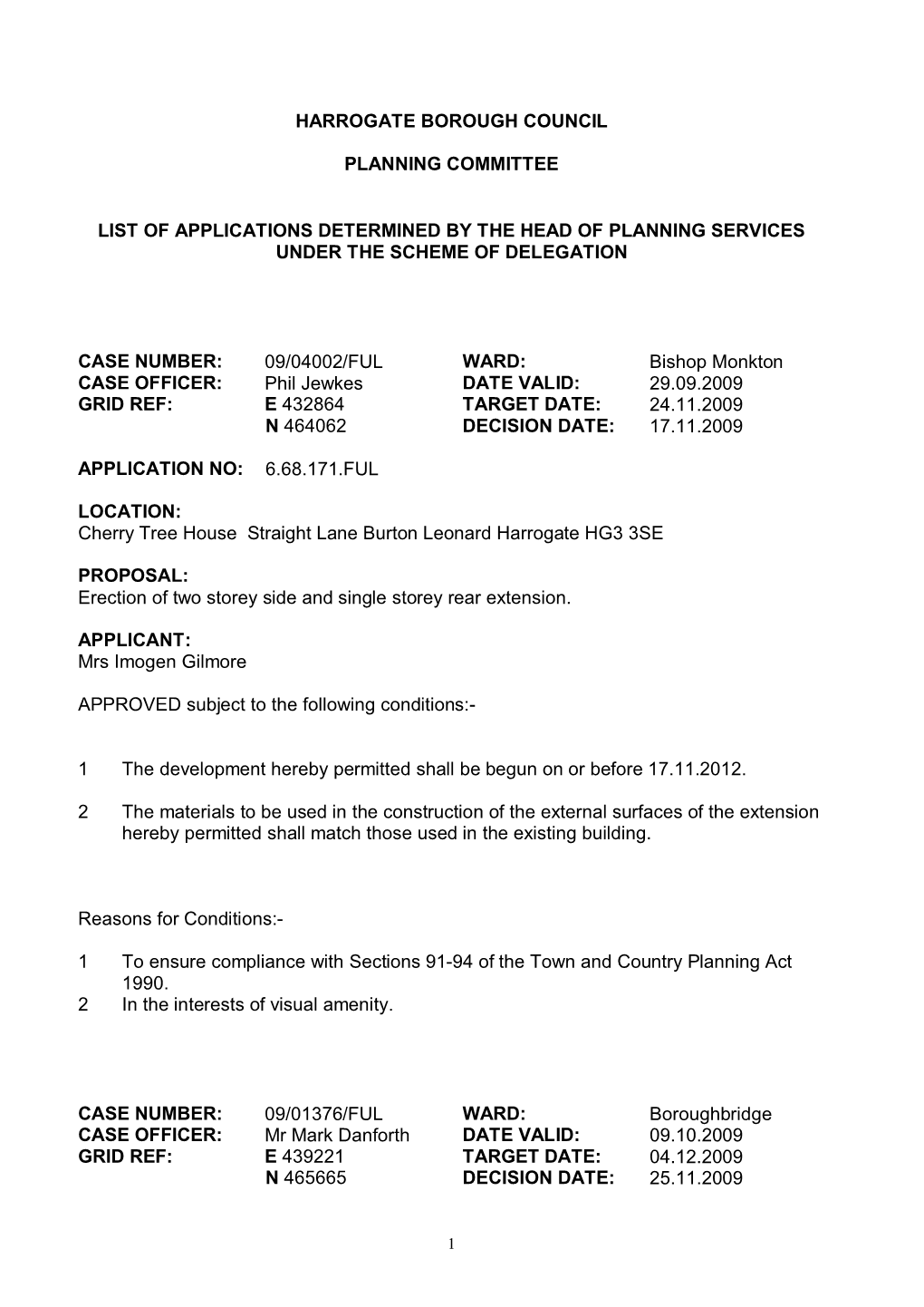 Harrogate Borough Council Planning Committee List Of