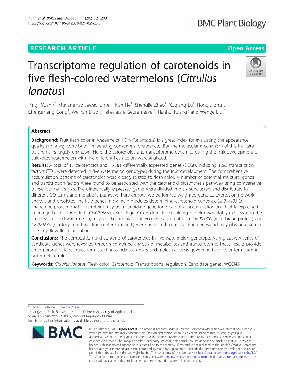 Transcriptome Regulation of Carotenoids in Five Flesh-Colored