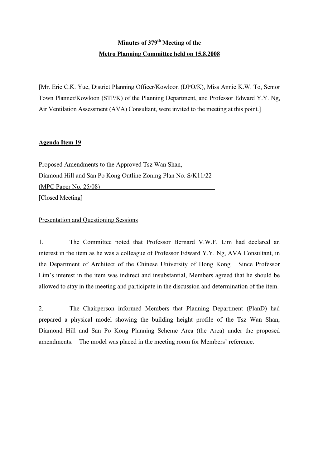 Minutes of 379 Meeting of the Metro Planning Committee Held on 15.8