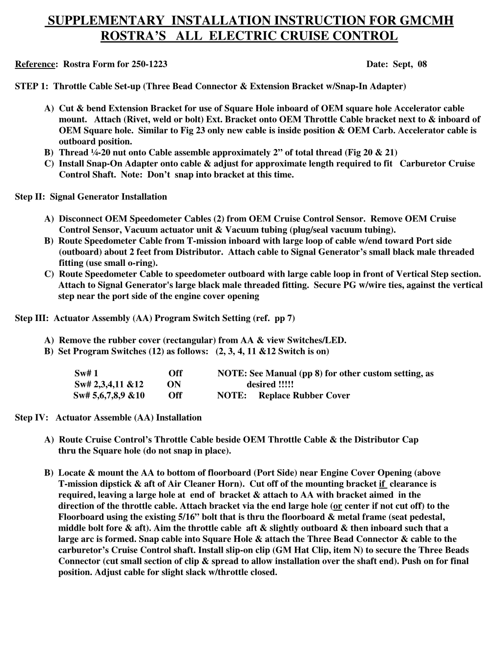 Supplementary Installation Instruction for Gmcmh Rostra's All Electric Cruise Control