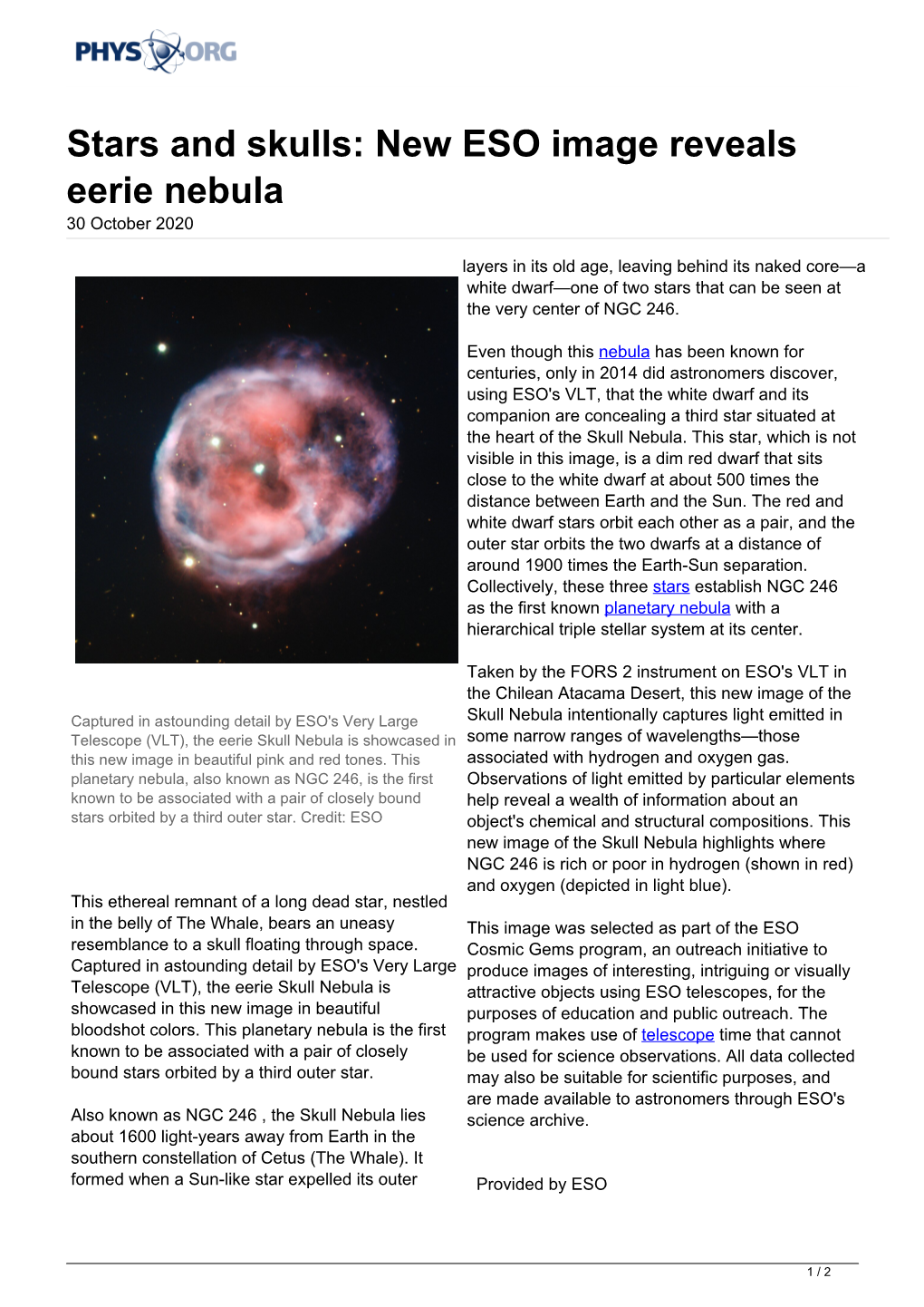 Stars and Skulls: New ESO Image Reveals Eerie Nebula 30 October 2020