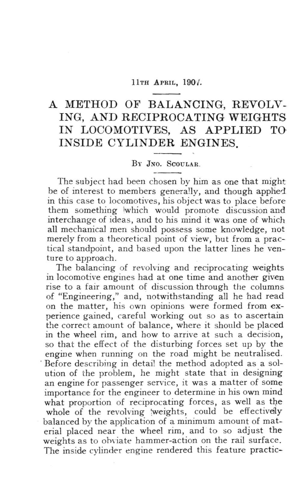 Ing, and Reciprocating Weights in Locomotives, As Applied to Inside Cylinder Engines