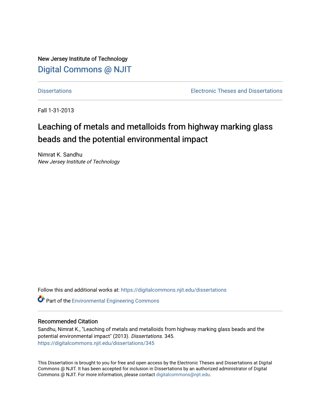 Leaching of Metals and Metalloids from Highway Marking Glass Beads and the Potential Environmental Impact
