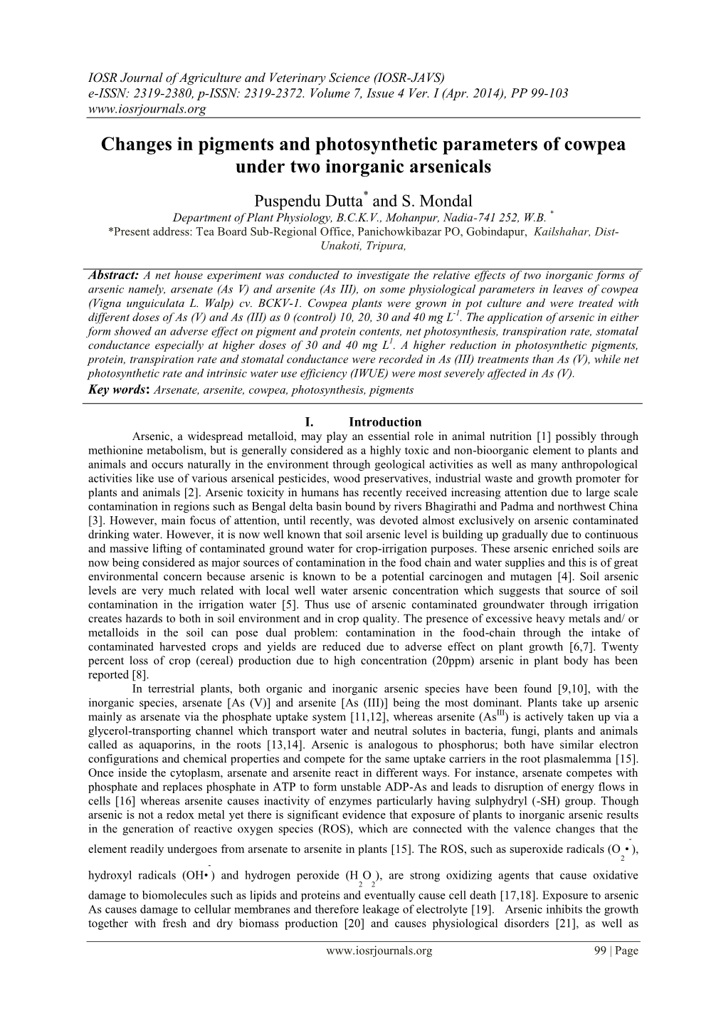 Changes in Pigments and Photosynthetic Parameters of Cowpea Under Two Inorganic Arsenicals