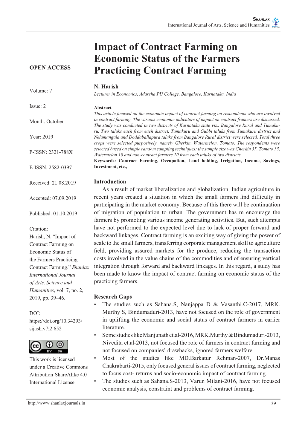 Impact of Contract Farming on Economic Status of the Farmers OPEN ACCESS Practicing Contract Farming