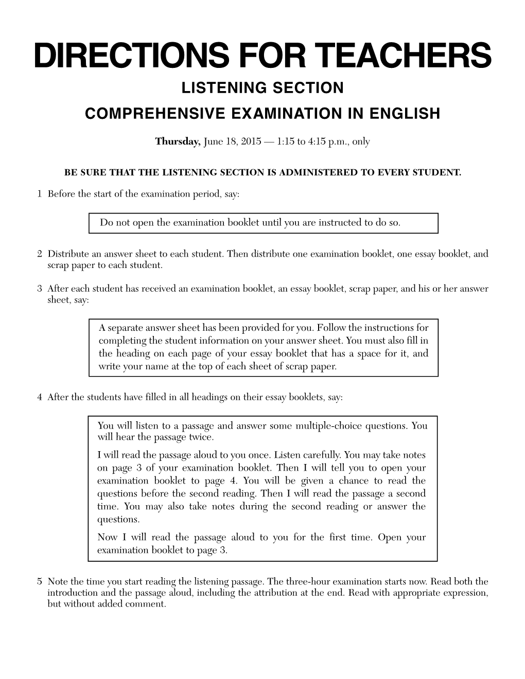 Directions for Teachers Listening Section Comprehensive Examination in English