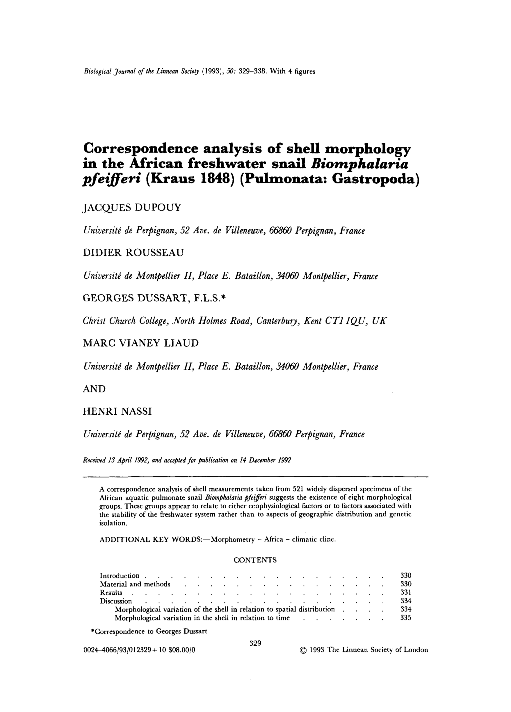 Correspondence Analysis of Shell Morphology in the African Freshwater Snail Biomphalaria Pfeifferi