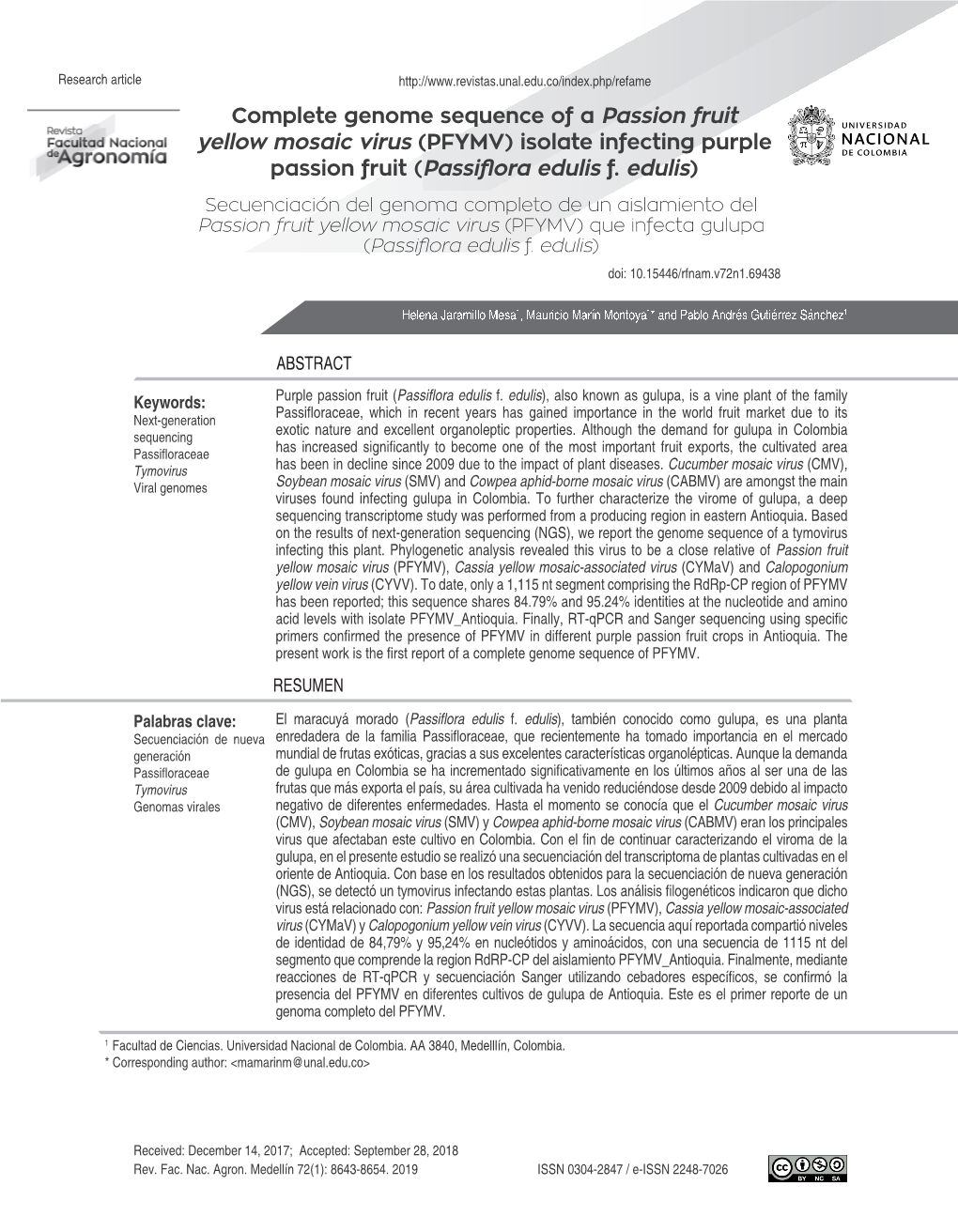 Complete Genome Sequence of a Passion Fruit Yellow Mosaic Virus (PFYMV) Isolate Infecting Purple Passion Fruit (Passiflora Edulis F