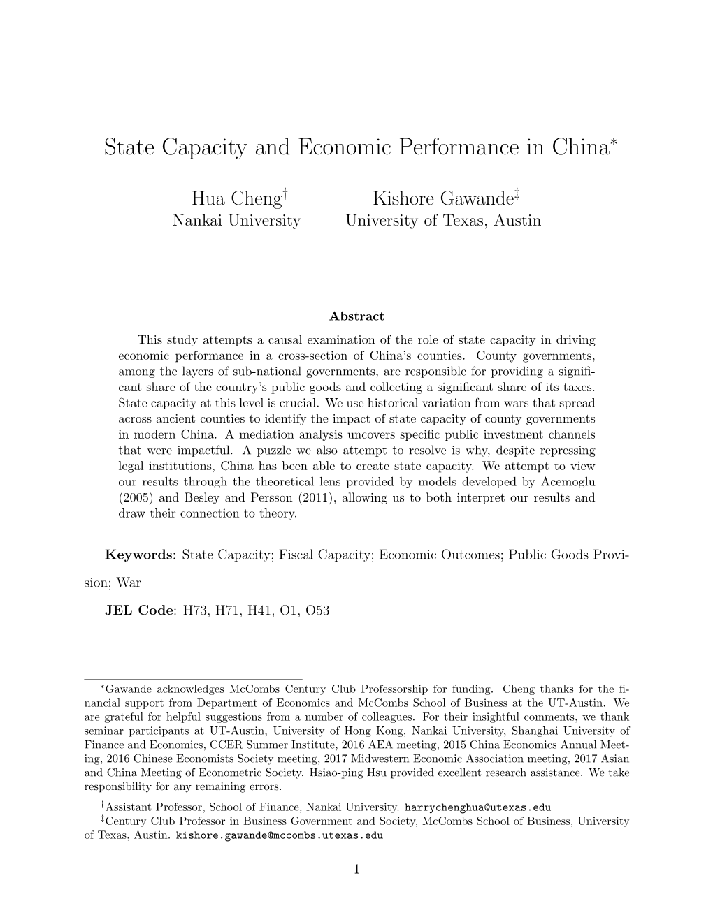 State Capacity and Economic Performance in China∗