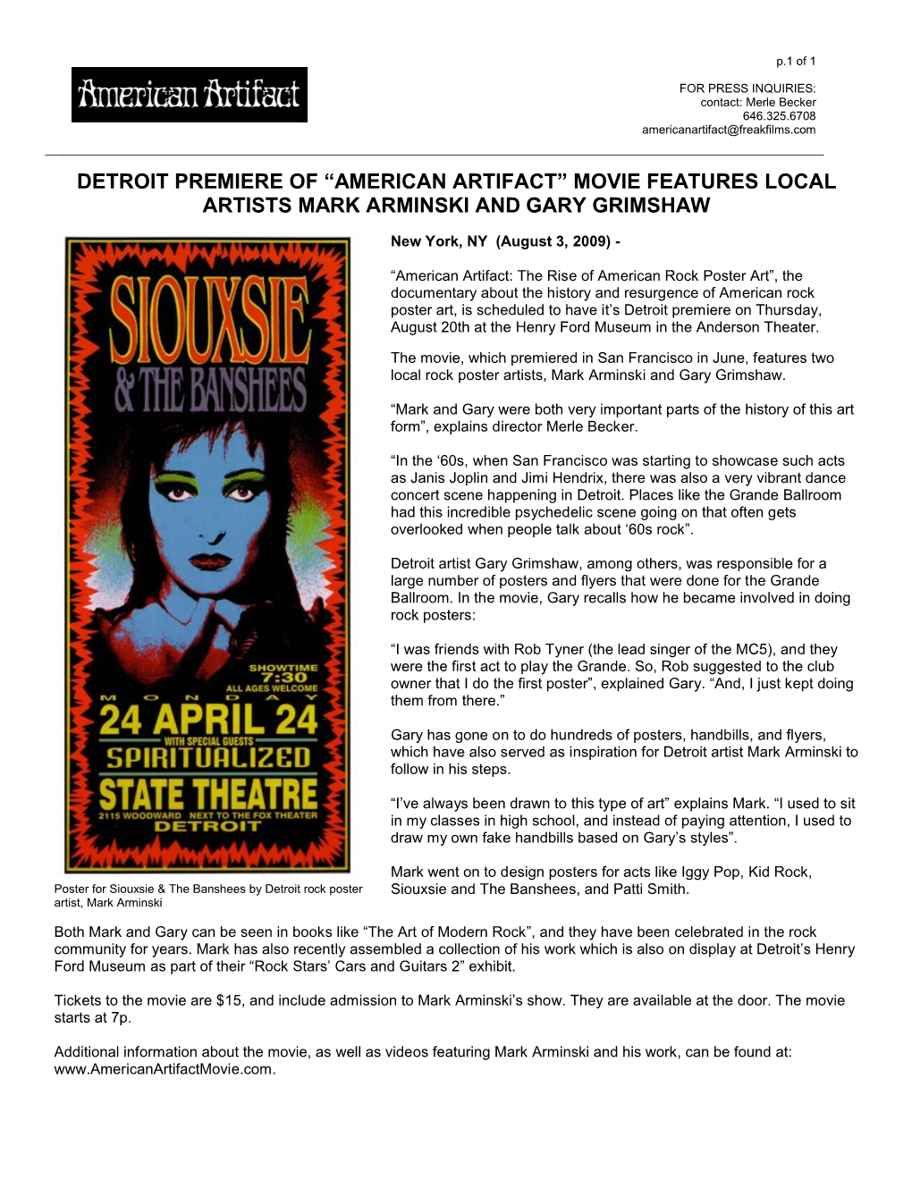 Detroit Premiere of “American Artifact” Movie Features Local Artists Mark Arminski and Gary Grimshaw