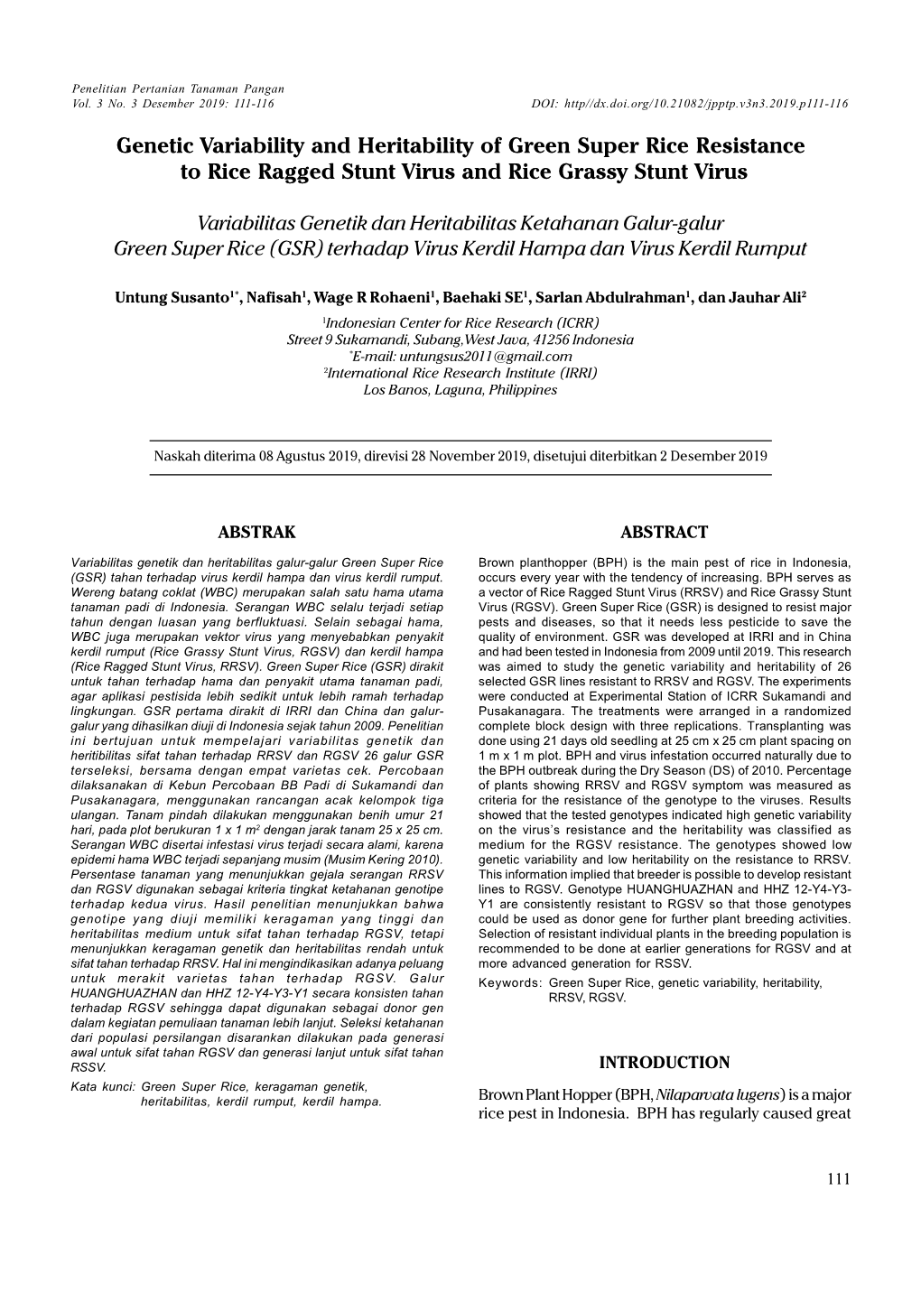 Genetic Variability and Heritability of Green Super Rice Resistance to Rice Ragged Stunt Virus and Rice Grassy Stunt Virus