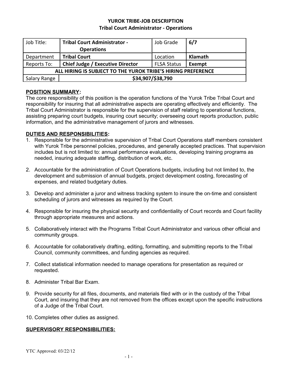 Yurok Tribe-Job Description