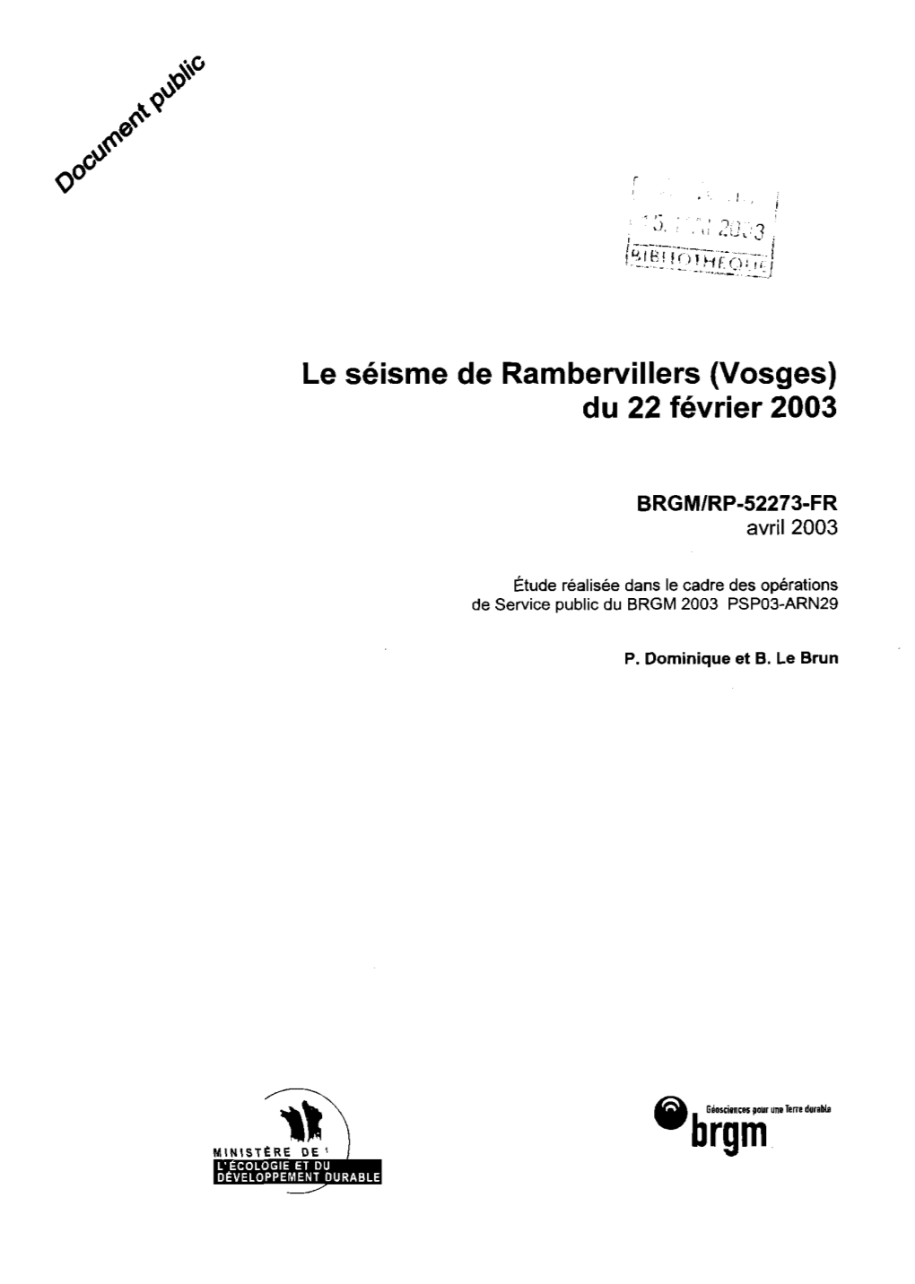 Le Séisme De Ramberviiiers (Vosges) Du 22 Février 2003