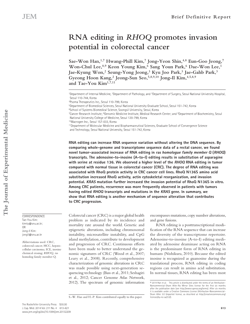 RNA Editing in RHOQ Promotes Invasion Potential in Colorectal Cancer
